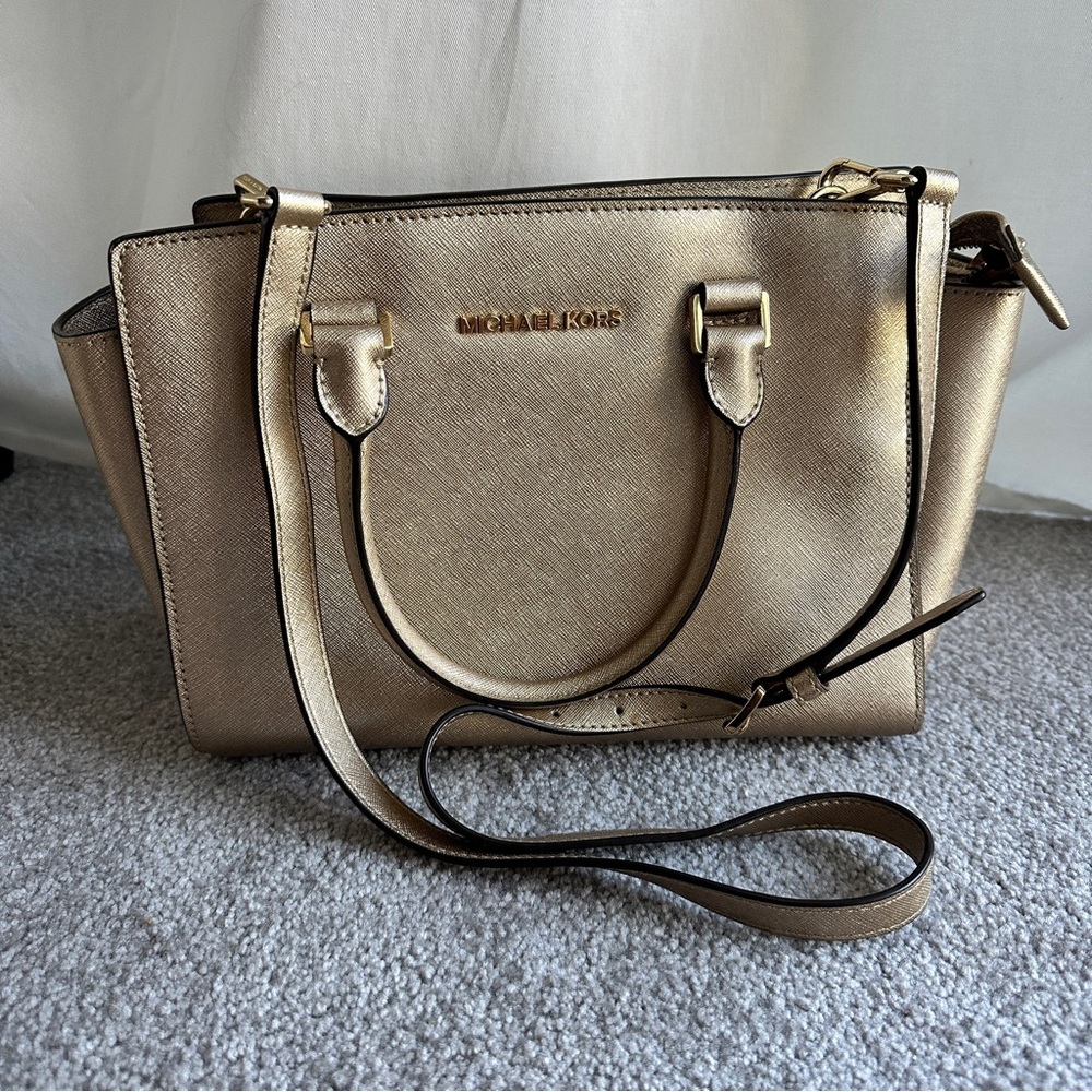 Michael Kors Selma Medium Gold Metallic Leather Satchel